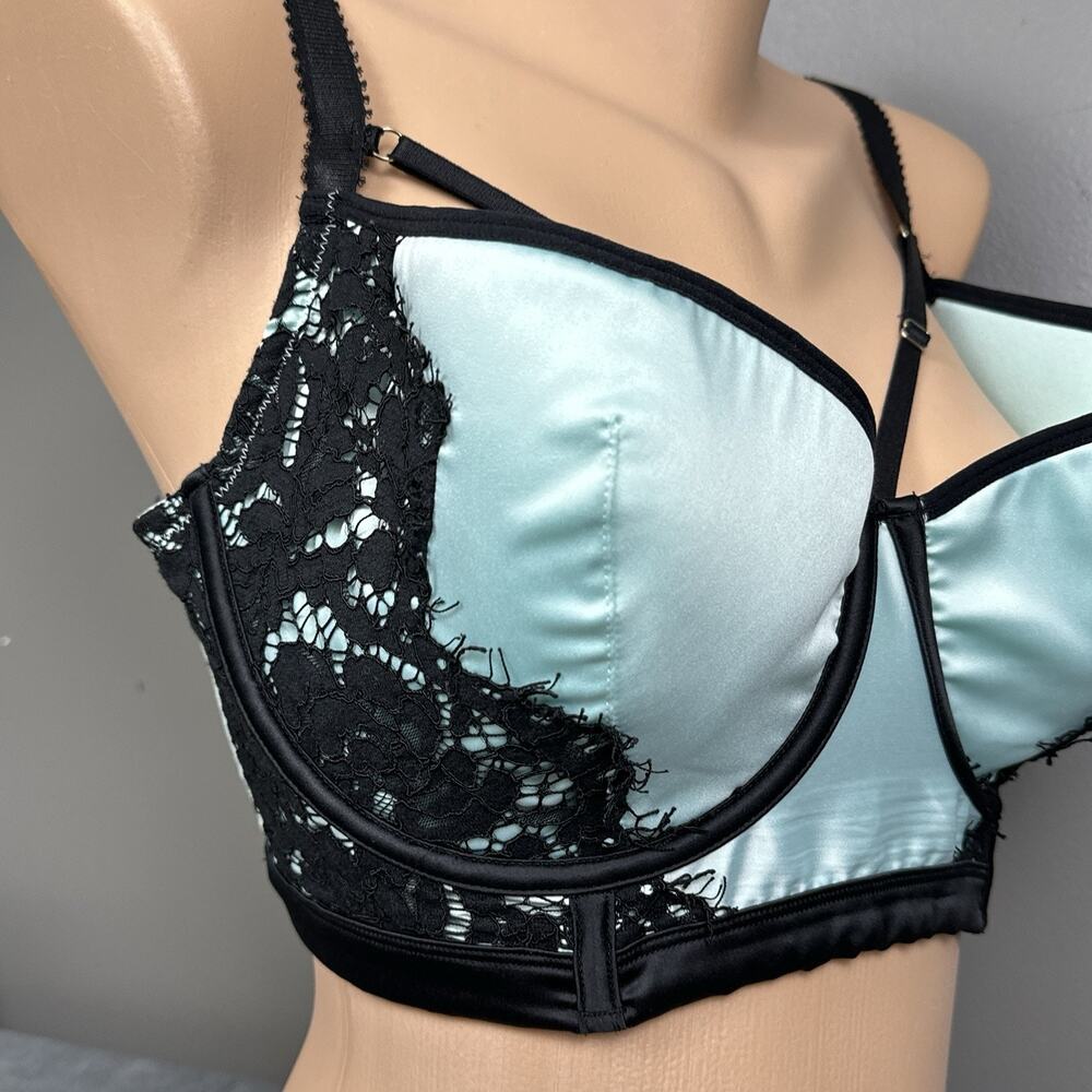 Playful Promises Bra US 36H UK 36FF Hedy Mint Satin Black Eyelash Lace Longline